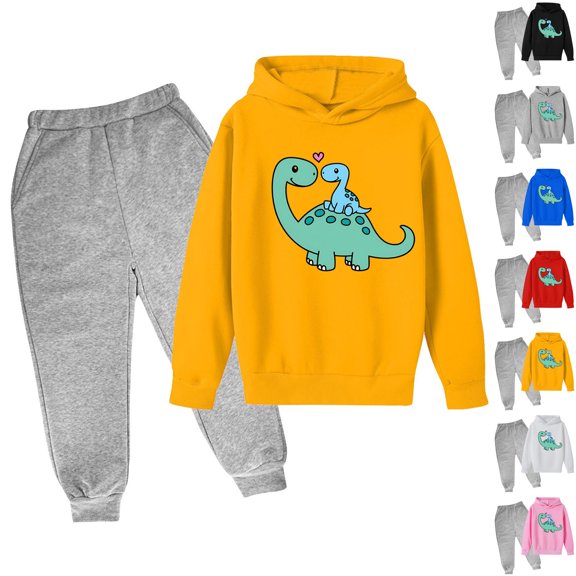 Zwiiyzr 3-14Y Baby Clothes Girls and Boy Clothes Set Sweatshirts Tops Pants Fall Winter Toddler Outfits Casual Long Sleeve Dinosaur Print Tops Hooded Set White