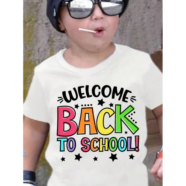 Welcome Back To School!&Quot; Boys' T-Shirt – Colorful Slogan Print, Lightweight Cotton Blend, Round Neck, Short Sleeve, Perfect Back-To-School Gift For Youngsters
