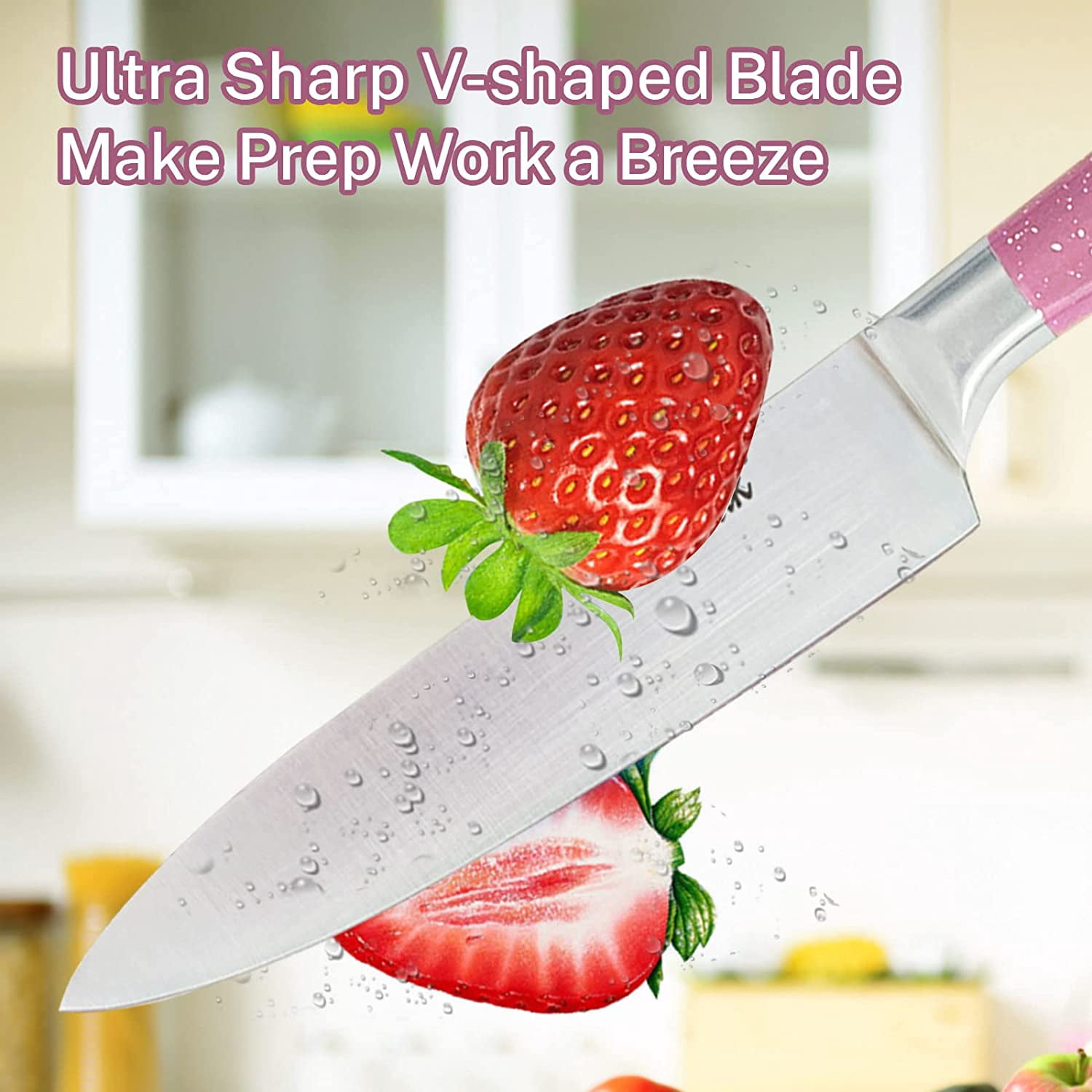 Kitchen Knife Set, 9PC Pink Wheat Straw Sharp Cooking Knife Set with Acrylic Stand, Stainless Steel Non-stick Chef with Comfortable Handle for Slicing Cutting Peeling Chopping