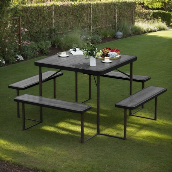 Yardi Yarda Outdoor Square Picnic Table Bench Set for 4-8 People, Table with Umbrella Hole for Outdoor as Yard, Black