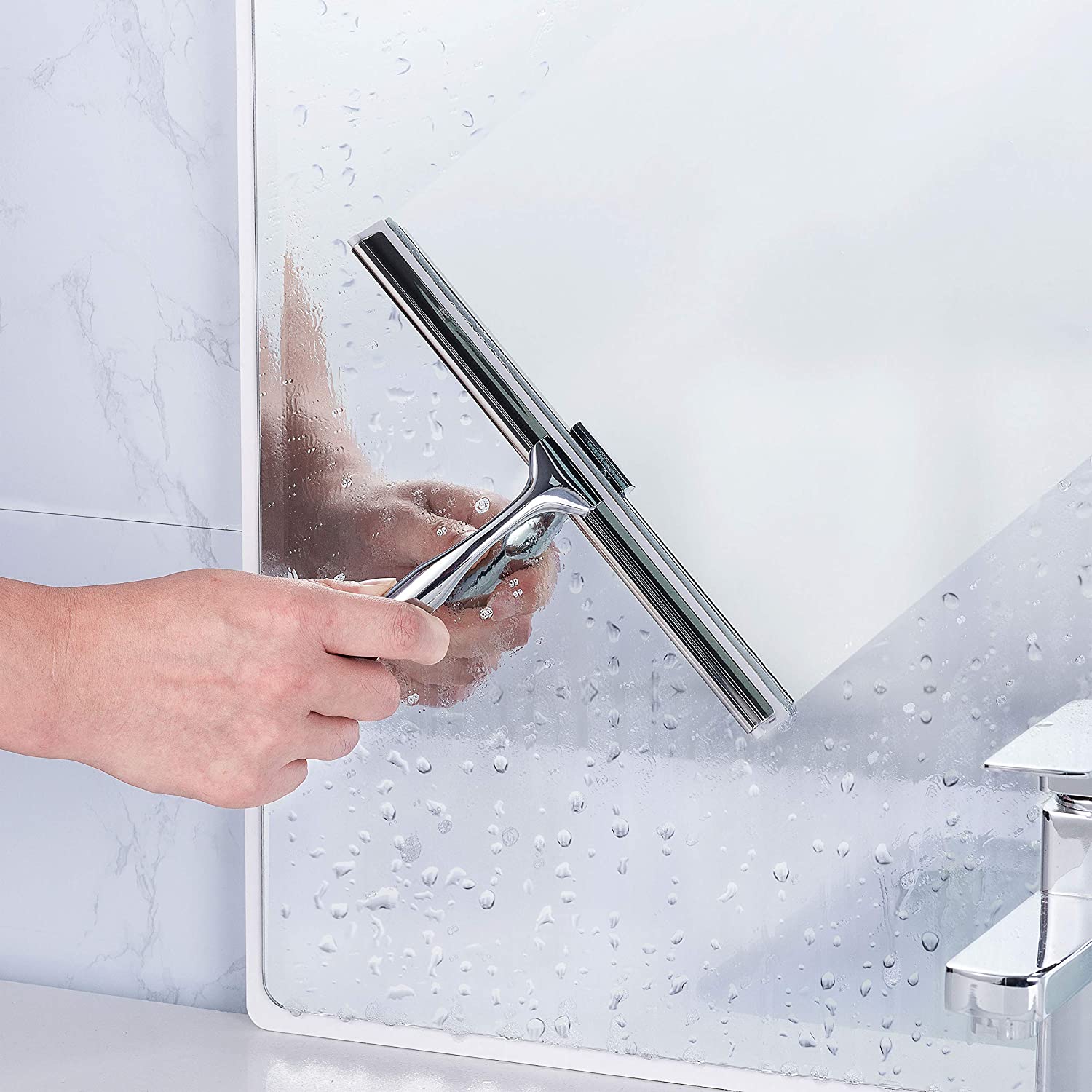 YouYeap Shower Squeegee Clear Glass Wall Cleaner Stainless Steel with  Suction Storage Hook -10'', Chrome