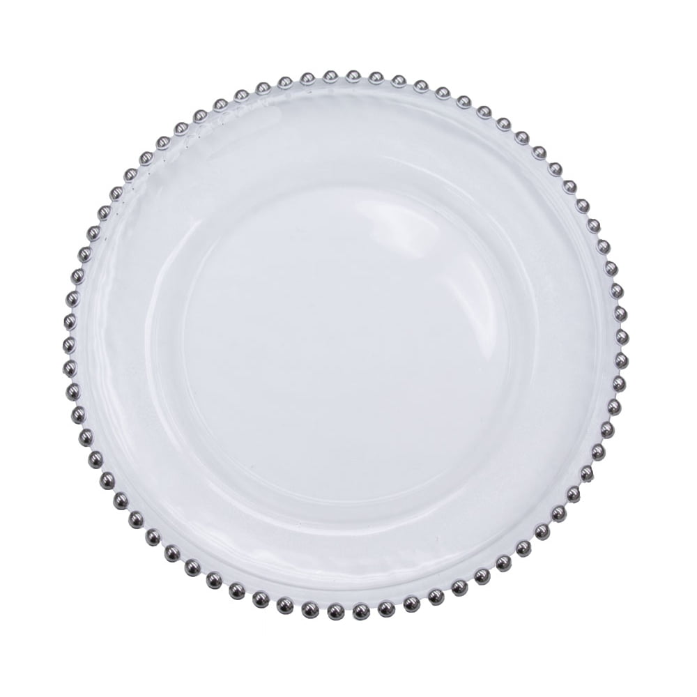 Beaded Glass Charger Plate Approx. overall 12" diameter with 8" diameter in the center Silver