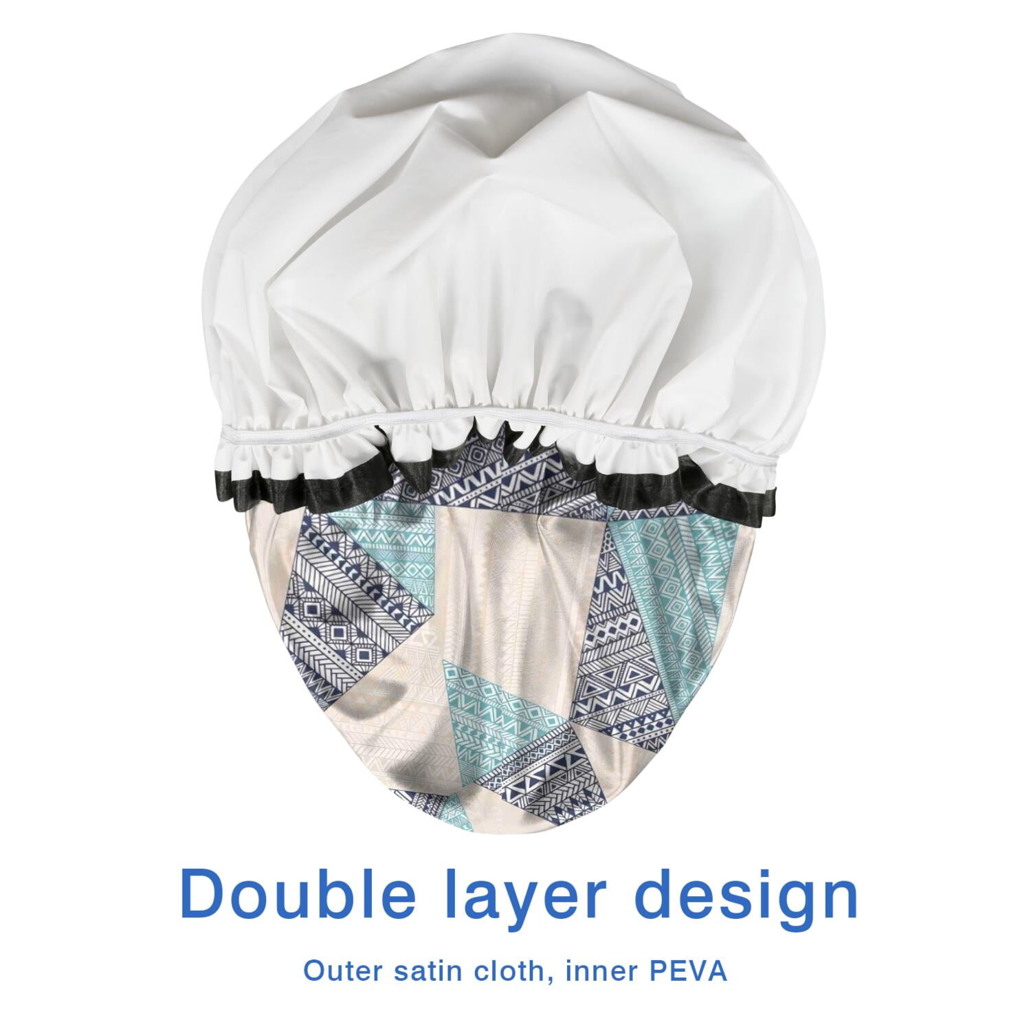 Shower Caps,Blue Ethnic Triangle and Geometric Pattern Waterproof Shower Cap for Women 4 Pieces,Double Reusable Hair Cover for Shower PEVA Elastic Stretch Hem
