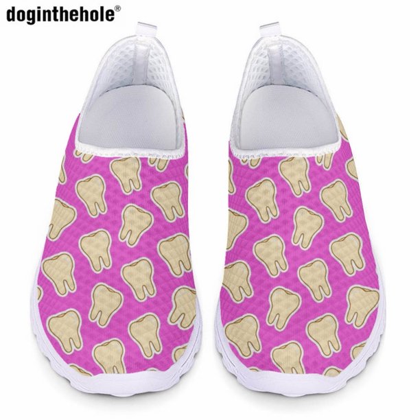 Zapatos casuales con estampado de dientes de amor para mujer, zapatos de trabajo de hospital, enfermera, zapatillas planas de malla transpirables cómodas de verano