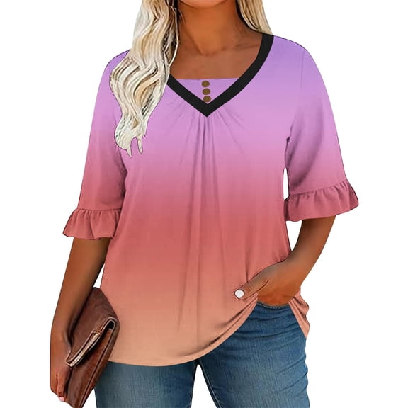 Htigea Women's Plus Size Tunic Tops Ruffled Half Sleeve V-Neck Pleated T-Shirts Summer Casual Loose Fit Everyday Tees Pink XL