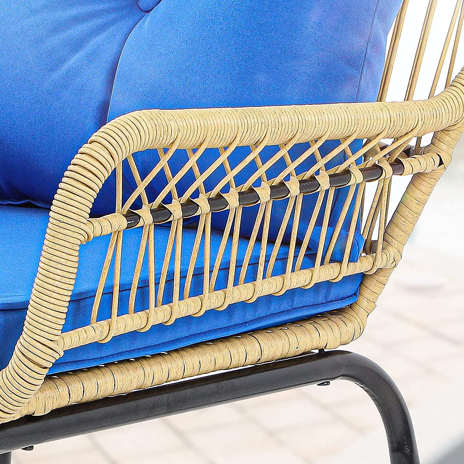 Dextrus 3-Piece Outdoor Patio Furniture Wicker Bistro Set, All-Weather Rattan Conversation Chairs for Backyard, Balcony and Deck with Soft Cushions, Glass Side Table (Light Brown+Navy Blue)