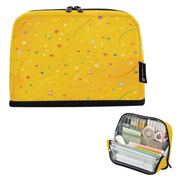 Standing Pencil Case with Base Large Capacity Stationery Pouch Pen Bag with Zipper for Women Men Confetti and Stars Scattered