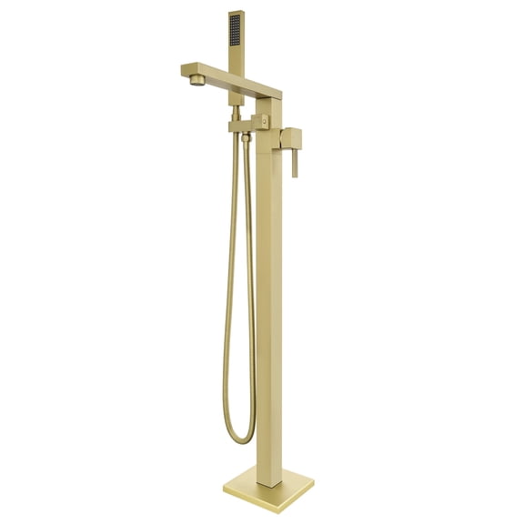 Free Standing Tub Faucet, 360°Swivel High Flow Freestanding Bathtub Faucet with Handheld Shower, Brass Body Tub Filler for Modern Bathroom, Brushed Gold