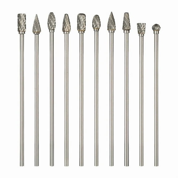 10Pcs Carbide Rotary Burr Set Compatible with Dremel Double Cut 1/8" Shank 1/4" Head 100MM Length Tungsten Steel Carving Burr Bits for Drilling, Woodworking Polishing, Engraving
