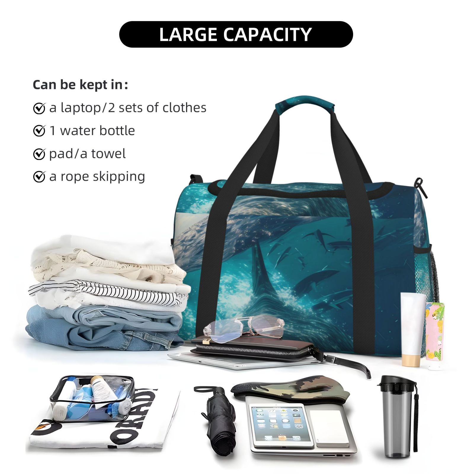 Fuzoiu Airplane Shark Print Travel Duffle Bag,Carry On Tote Bags,Duffel Bag,Sport Gym Bag, Hospital Bag for Labor and Delivery, Overnight Bag,Luggage Bag