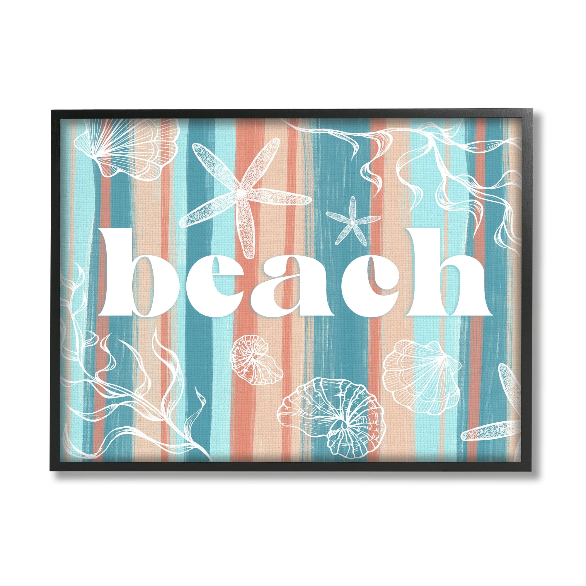 Stupell Industries Striped Beach Sign Various Sea Life Seaweed Coral Graphic Art Black Framed Art Print Wall Art, Design by Ziwei Li