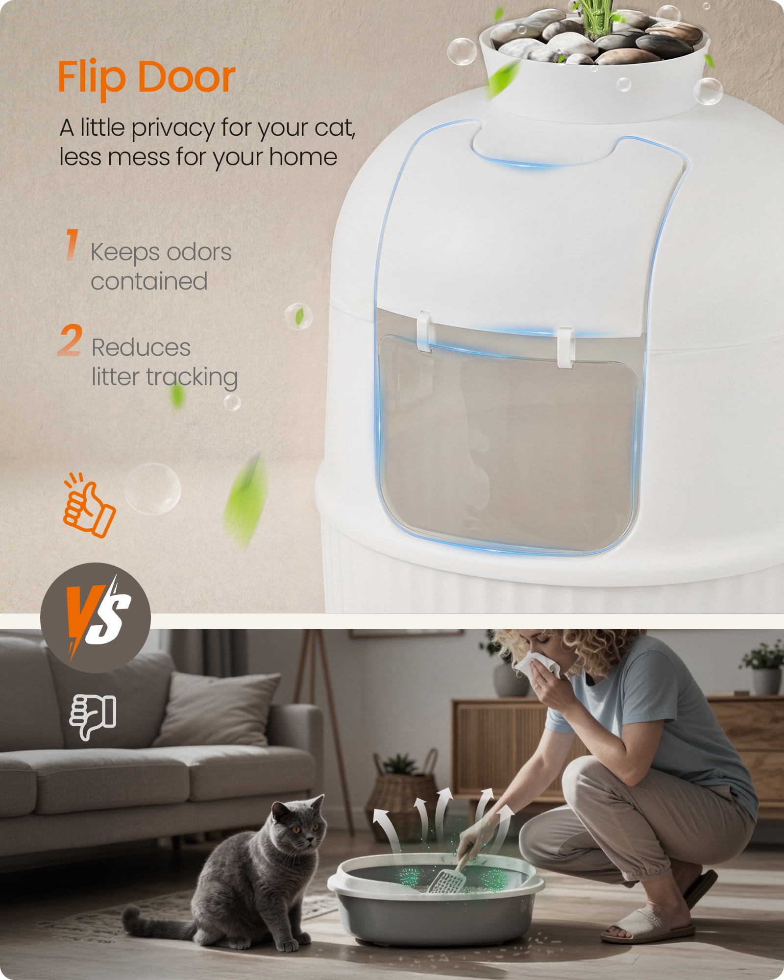 Feandrea Plant Cat Litter Box Enclosure with Artificial Plant, Enclosed Hidden Litter Box Furniture with Door, Carbon Filter, Cloud White