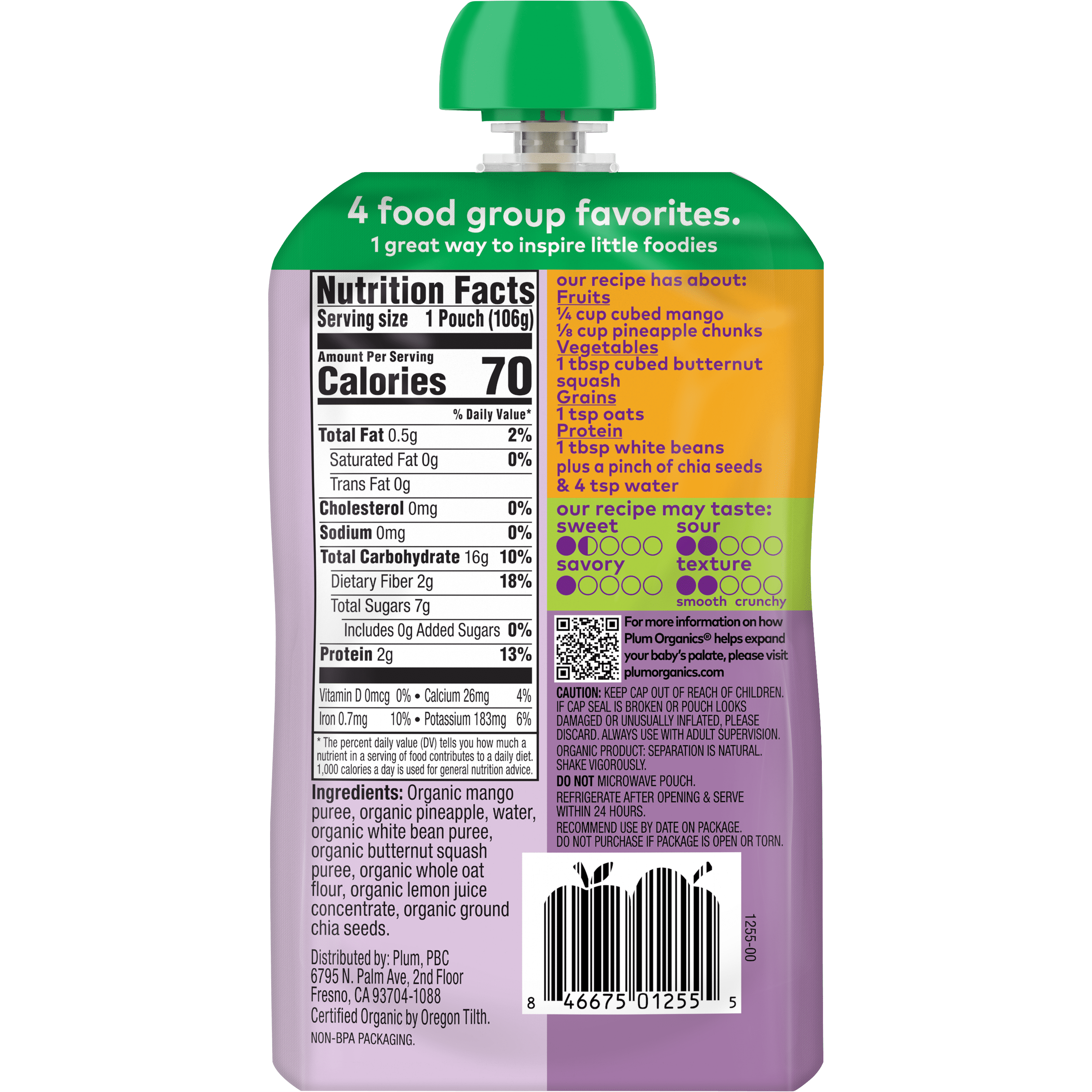 Plum Organics Mighty 4 Organic Toddler Food, Mango, Pineapple, White Bean, Butternut Squash, and Oat, 3.75 oz Pouch (6 Pack)
