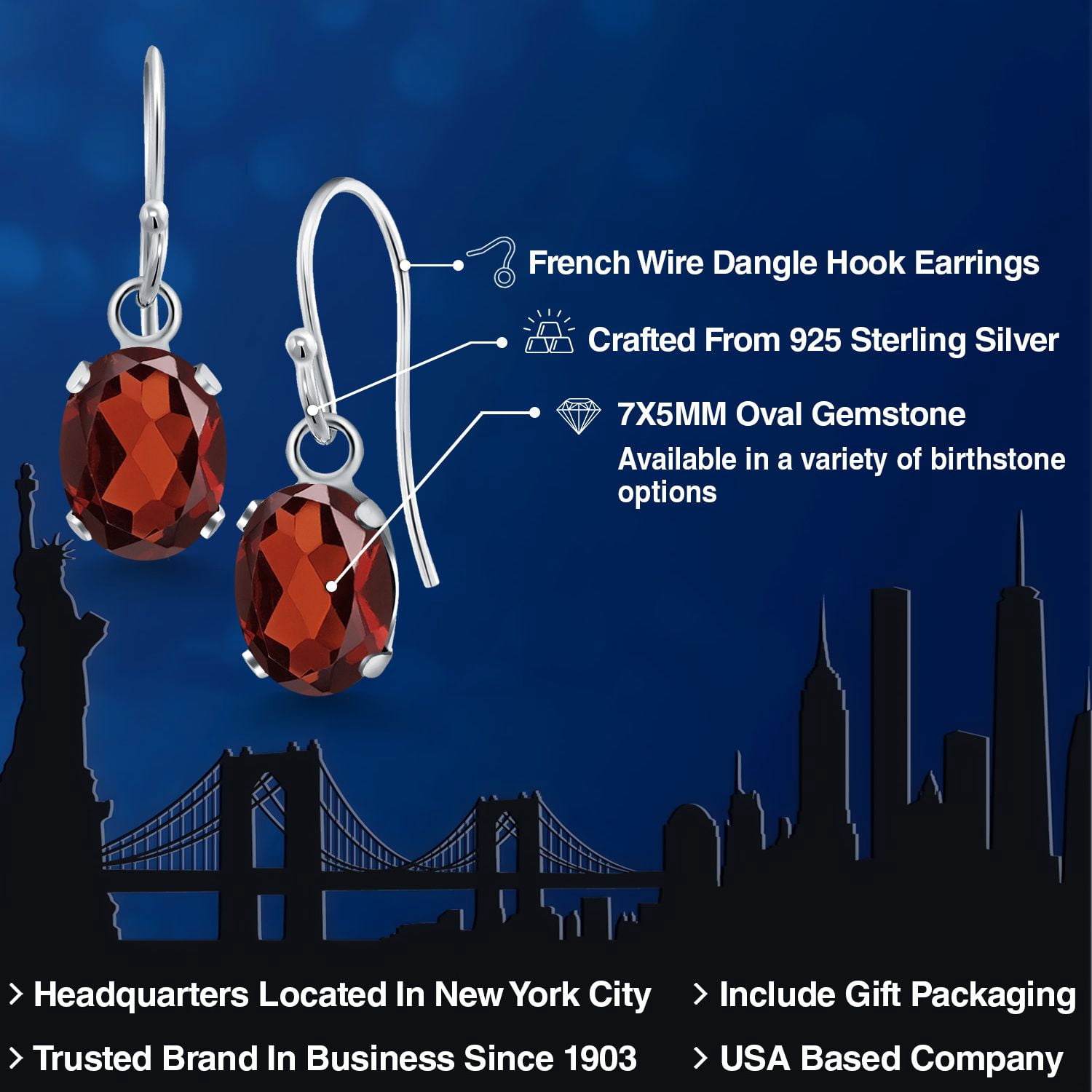 Gem Stone King 925 Sterling Silver Red Garnet French Wire Dangle Hook Earrings for Women (1.80 Cttw, Gemstone January Birthstone, Oval 7X5MM)