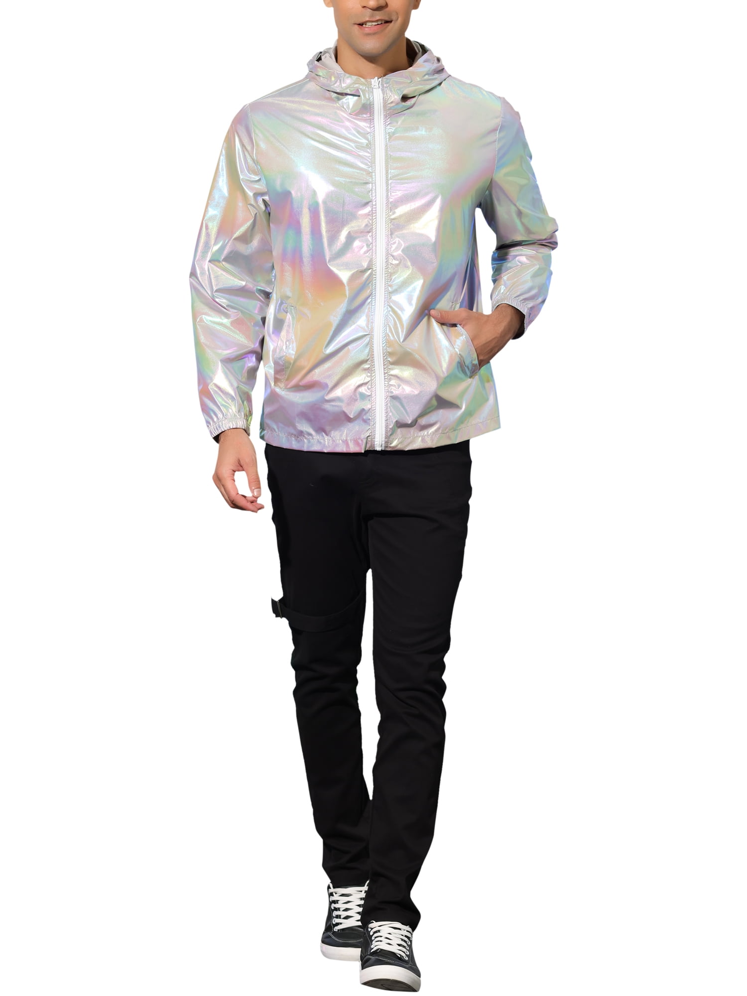 INSPIRE CHIC Men's Jacket Metallic Zip up Hooded Lightweight Holographic Shiny Jackets M Gray