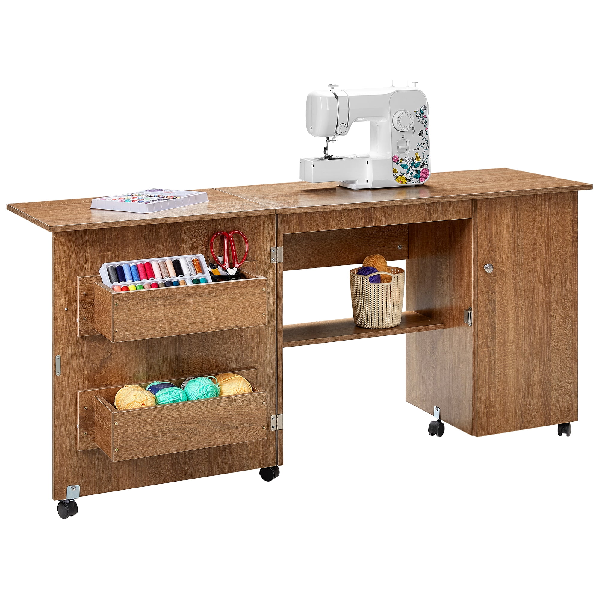 Homfa Folding Sewing Machine Table with Cabinet, 63 Inch Multipurpose Large  Sewing Craft Cart with Storage Shelves, Sewing Desk with Lockable Casters