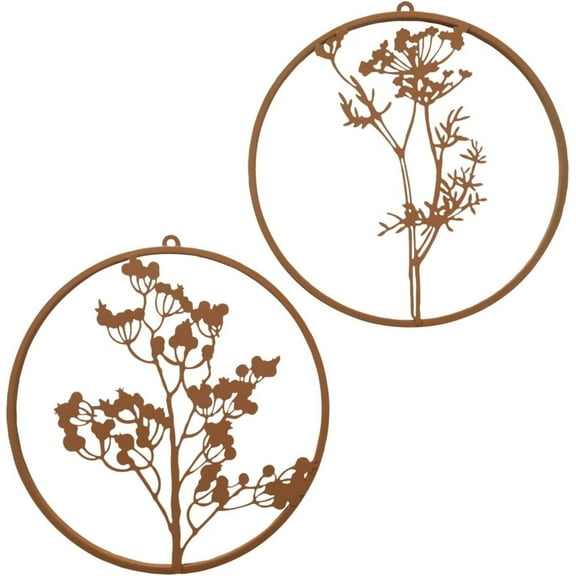 WHW Modernist Abstract Meadow Flowers Circular Roundels, Set of 2, Framed Wall Sculpture, Queen Anne Lace, Brown, 15" D