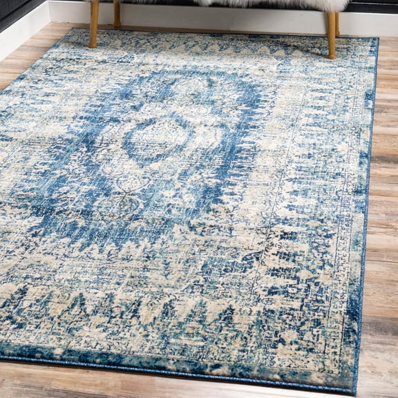 5' x 8' Navy Blue and Beige Coastal Floral Border Rectangular Area Throw Rug