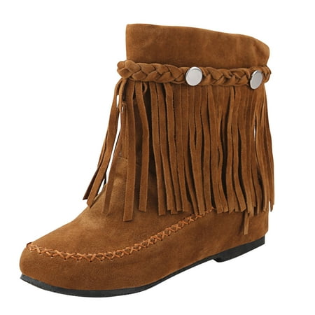 

TOYFUNNY Womens Vintage Fringe Suede Flat Short Boots