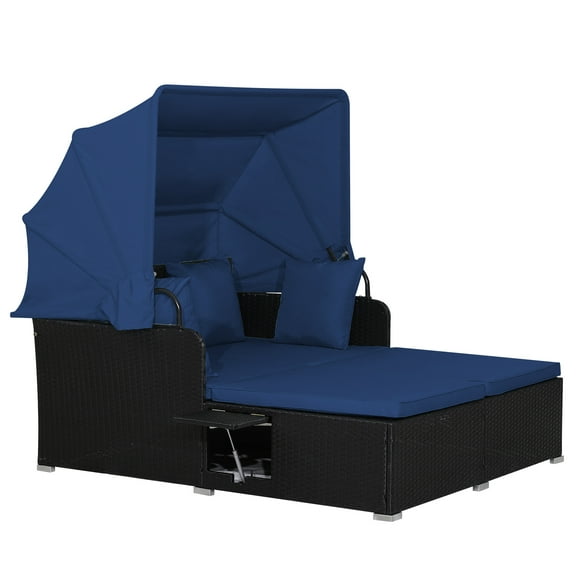 Topbuy Outdoor Daybed with Retractable Canopy PE Rattan Sunbed with Soft Cushions & Pillows 2 Folding Side Trays Navy