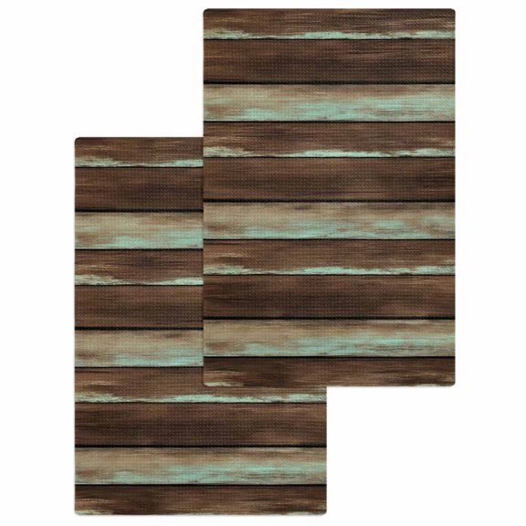 Brown Teal Wooden Kitchen Dish Towels for Drying Dishes Set of 2, Vintage Farmhouse Retro Art Waffle Weave Microfiber Hand Tea Bathroom Towels Quick Dry & Absorbent Towel 15.7x23.6