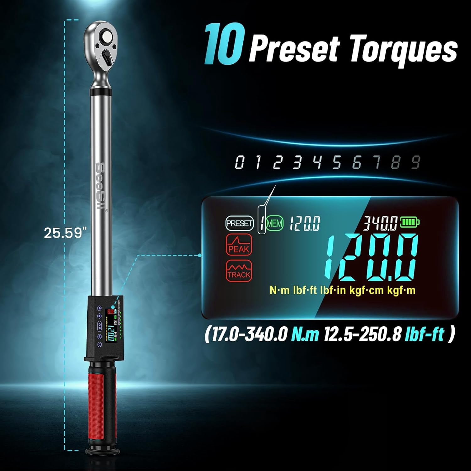 Seesii Digital Torque Wrench 1/2" Drive(12.5-250.8ft-lbs/17-340N.m), 2% Torque Accuracy Electric Torque Wrench with Buzzer LED Flash for Car Care Auto, Vehicle