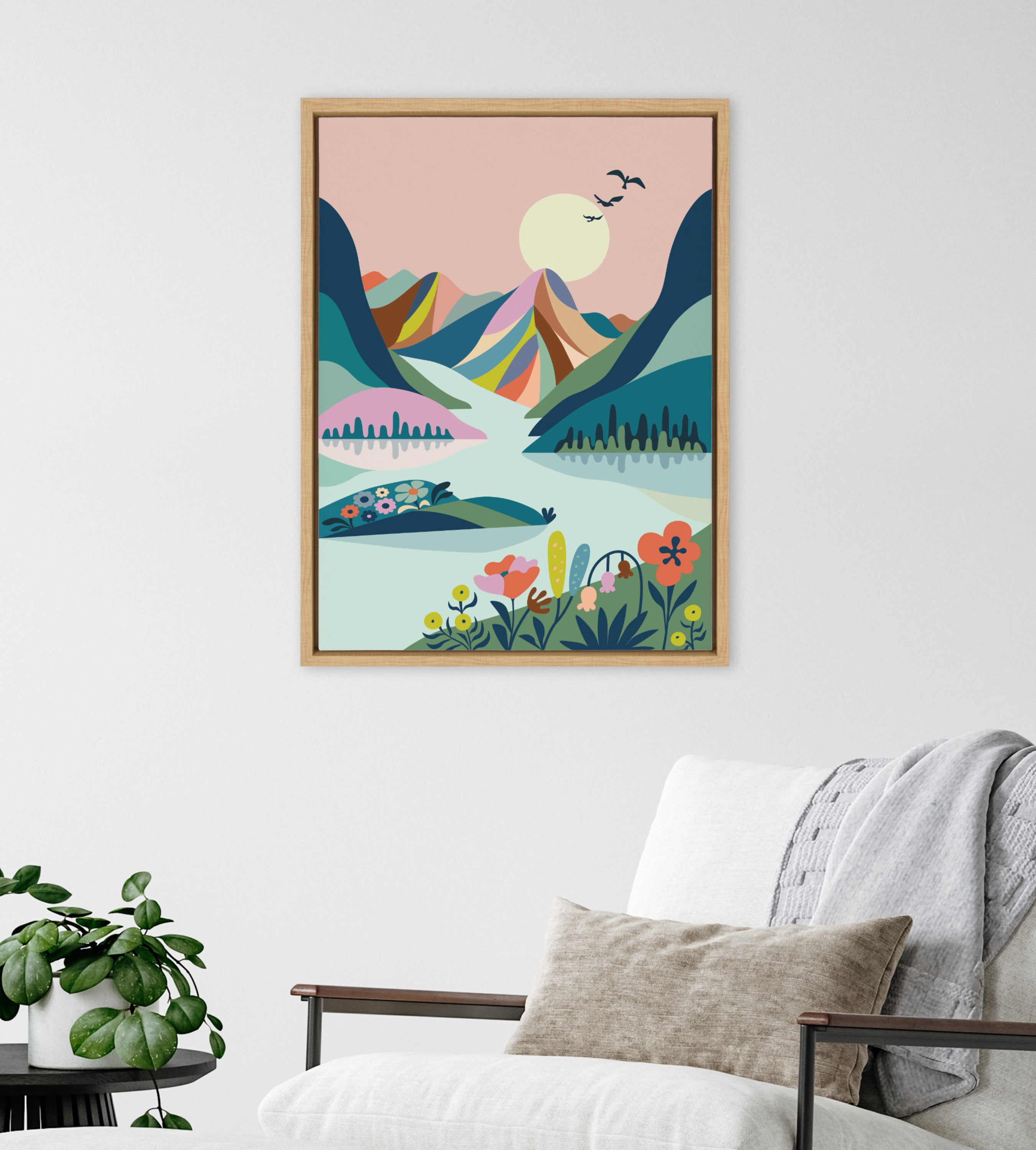 DesignOvation Sylvie Scenic Mountains Framed Canvas Wall Art by Rachel Lee, 18x24 Natural, Mid Century Modern Landscape Home Décor