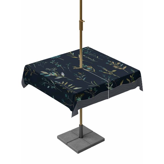 Outdoor Table Cloth with Umbrella Hole and Zipper, Black Spring Floral Waterproof Square Tablecloth 54"x54", Watercolor Botanical Flower Striped Washable Table Cover for Outside Party Patio Picnic