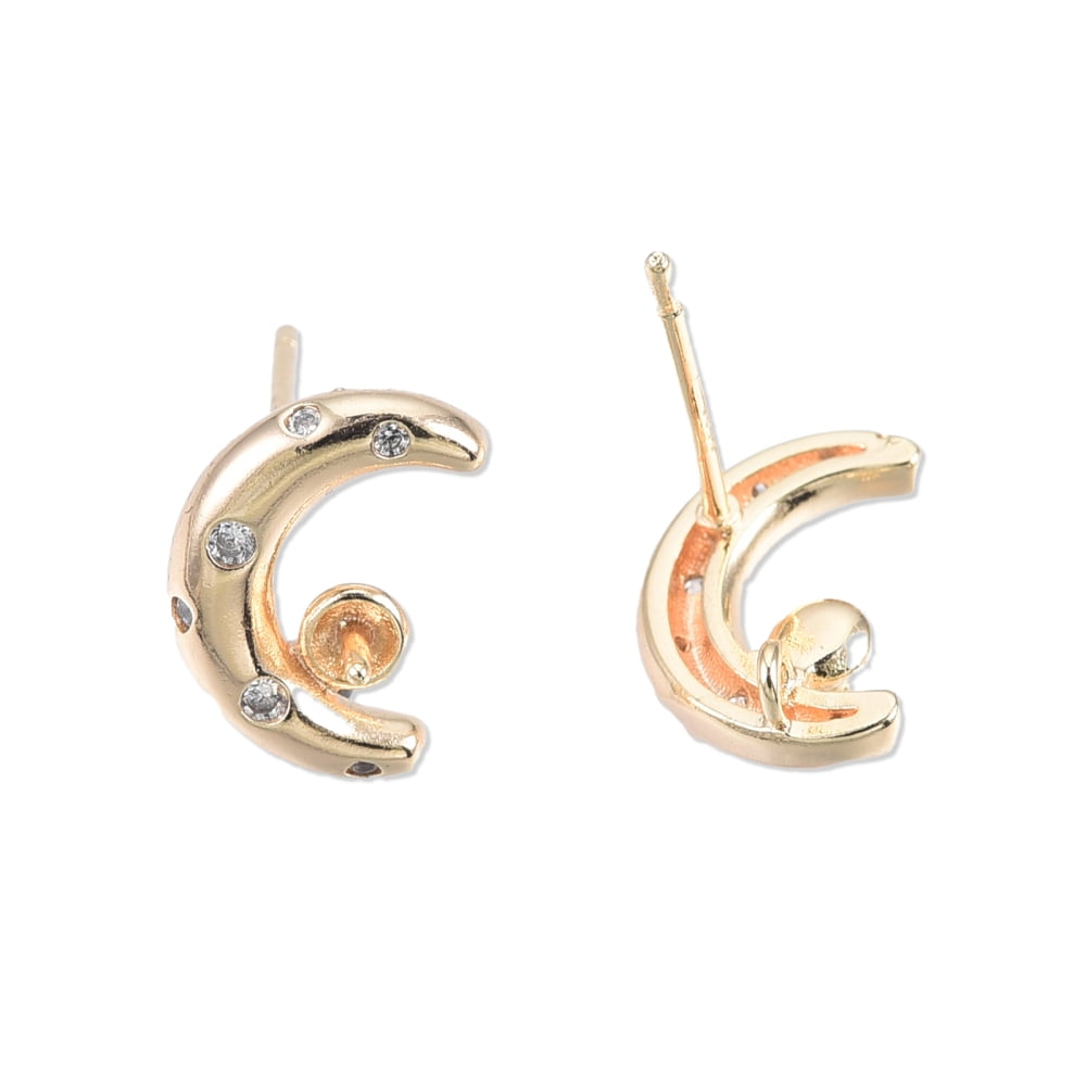 10 Pair Brass Stud Earring Findings for Half Drilled Beads with Clear Cubic Zirconia Crescent Moon 11.5x8mm Pin: 0.7mm and 0.8mm