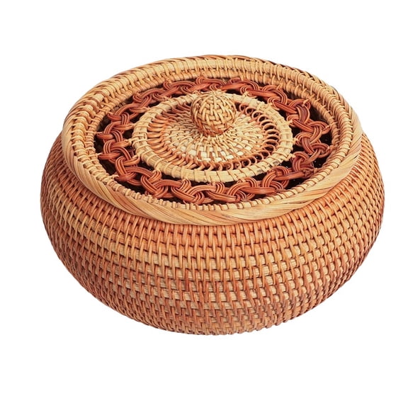 Handwoven Rattan Basket with Lid Natural Wicker Box Multi-Use Storage Organizer for Kitchen, Living Room