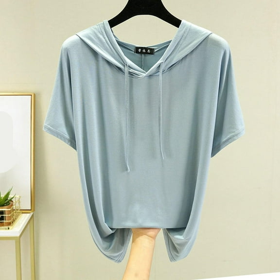 Hauaitttt Hoodie Women Pullover with Hood Casual Plain Hoodie Summer Short Sleeve T Shirt Sports Shirt with Drawstring Loose Comfortable Hoodie Tops Teenager Girls Tops Running Shirt Women