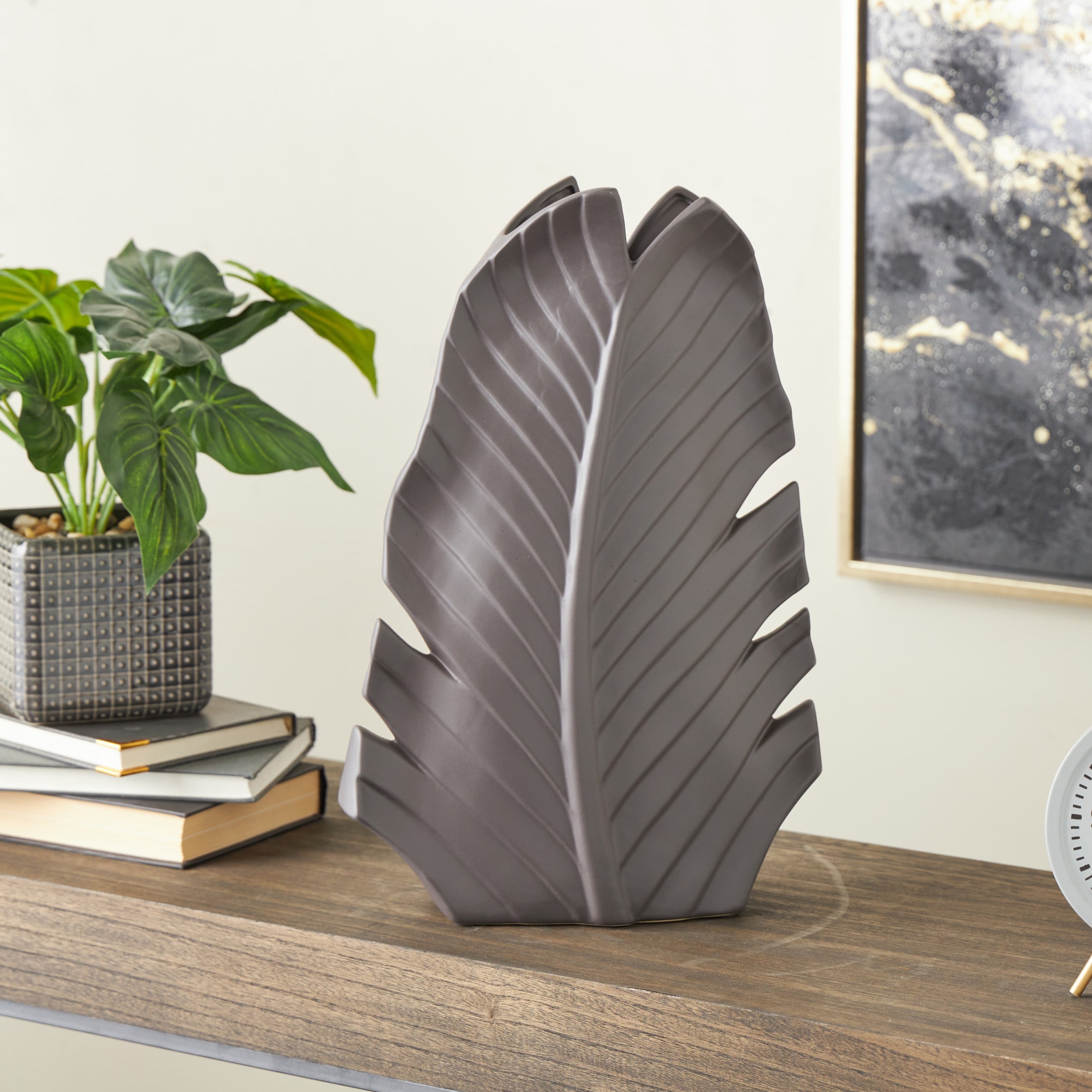 DecMode 17" Palm Tree Curved Leaf Black Ceramic Vase