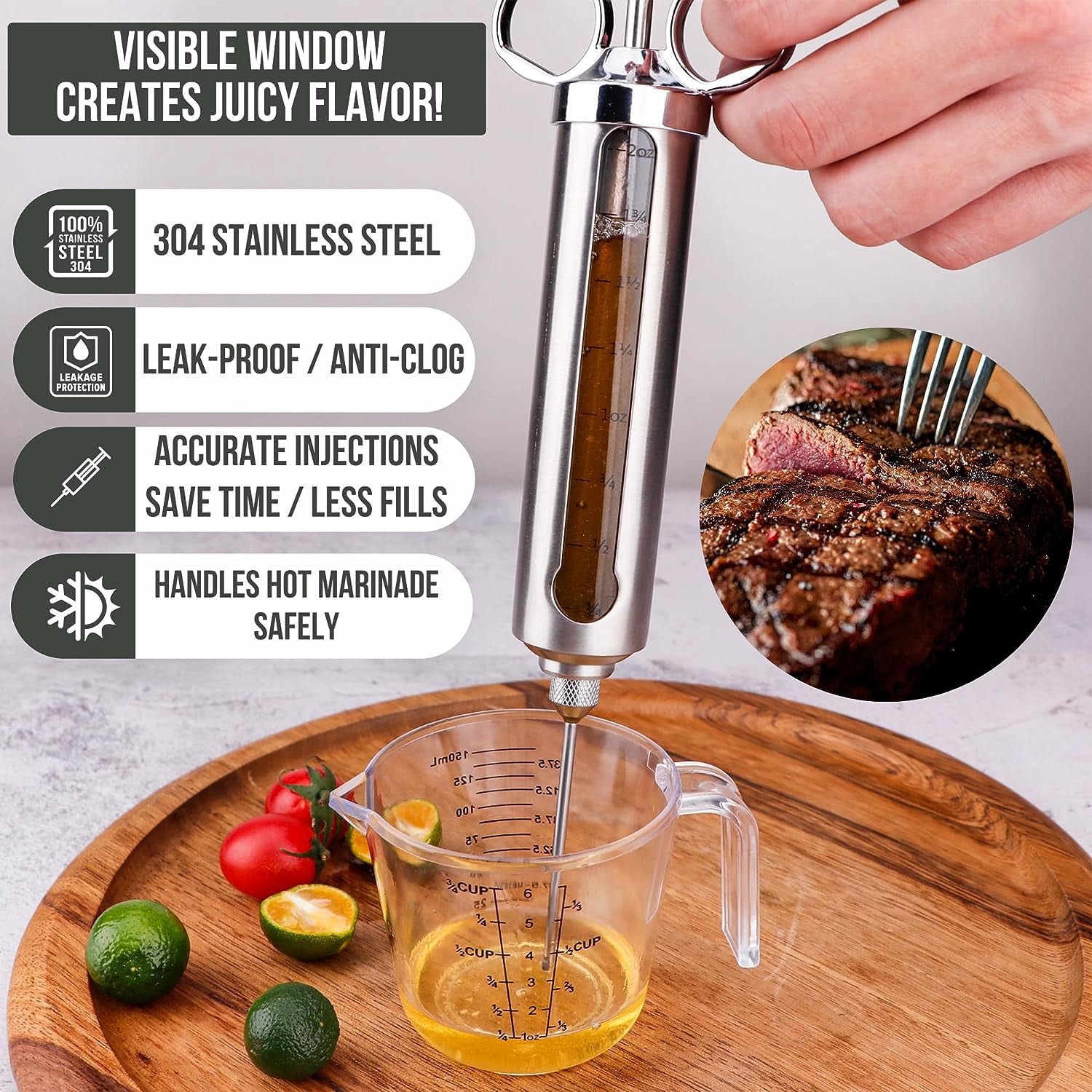 Grillin Pros Stainless Steel Meat Injector Marinade Syringe Kit for Smoking & Grilling Turkey, Brisket & BBQ - Built to Last