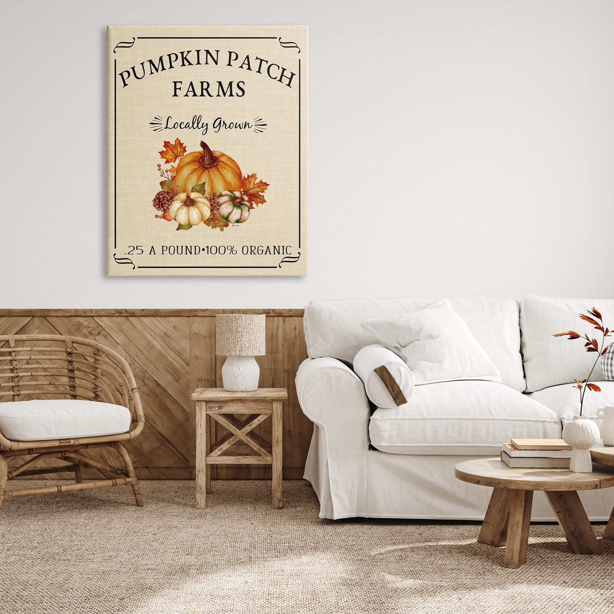 Pumpkin Patch Farms Vintage Seasonal Autumn Sign Botanical & Floral Graphic Art Gallery-Wrapped Canvas Print Wall Art
