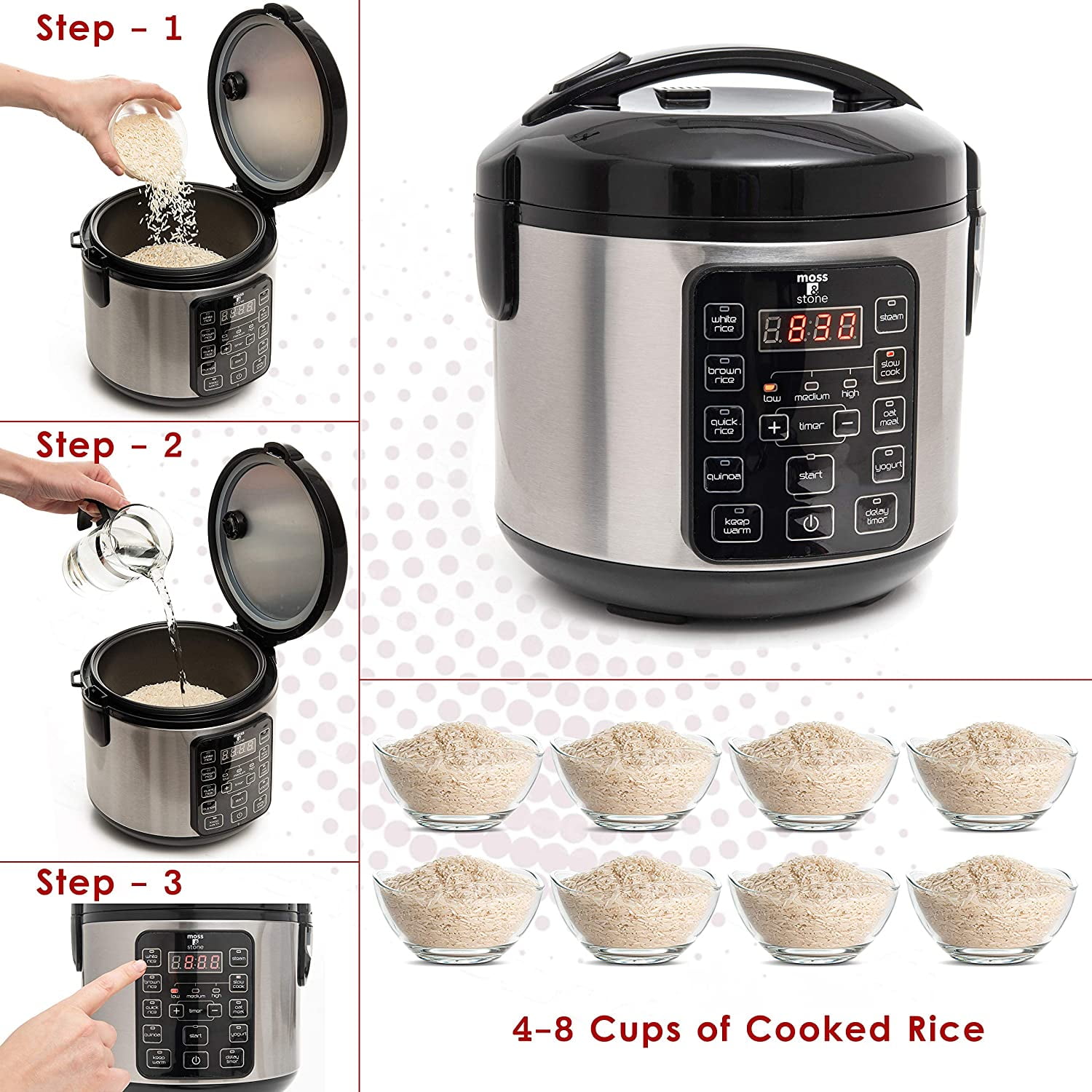 Moss & Stone 4-8-Cup Electric Rice Cookers, Clear - Nonstick Interior