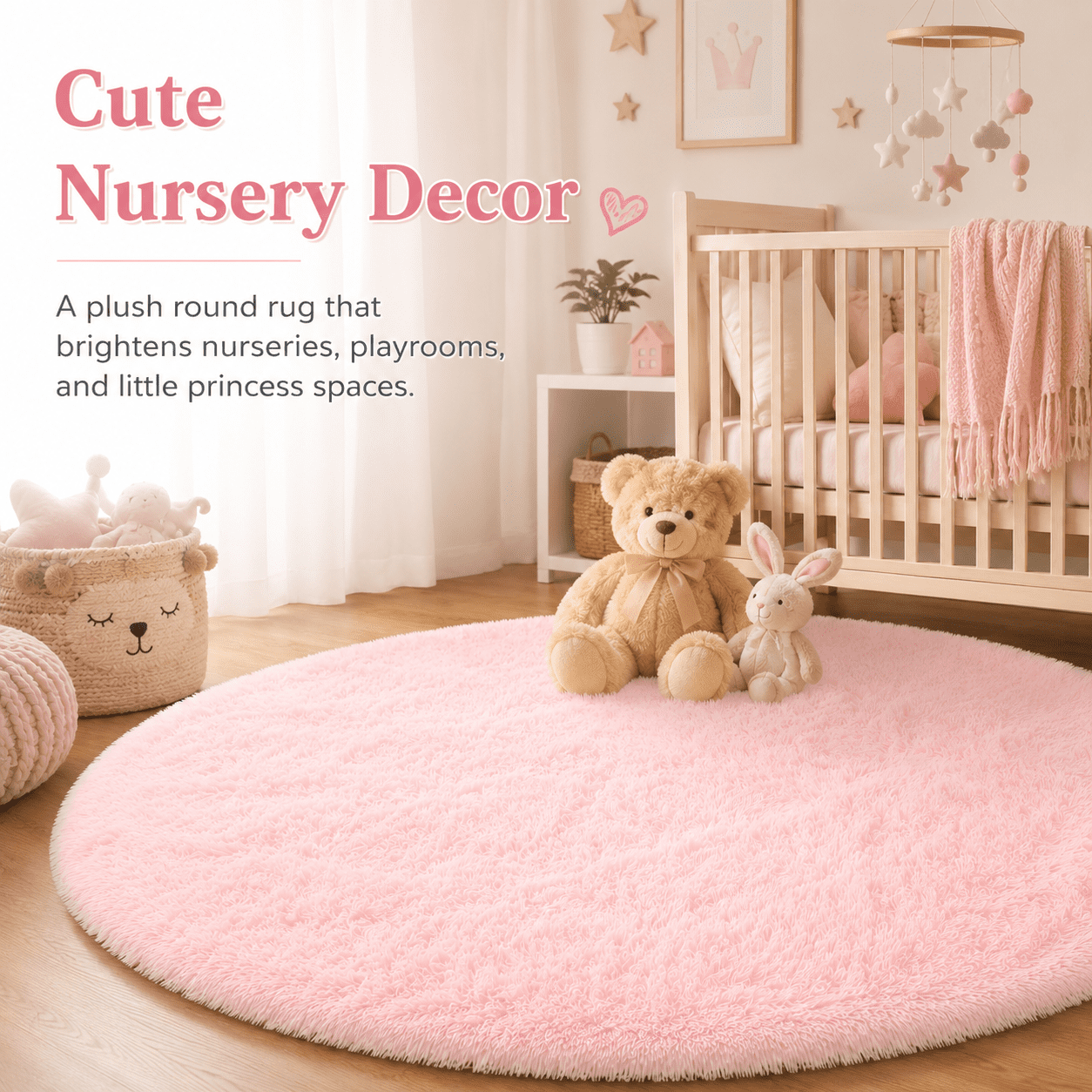 Sanmadrola Round Area Rug for Bedroom Fluffy Circle Rug 5.2'X5.2' for Kids Room Furry Carpet for Girls Bedroom Shaggy Circular Rug for Nursery Room Fuzzy Plush Rug Dorm Cute Room Decor for Baby Pink