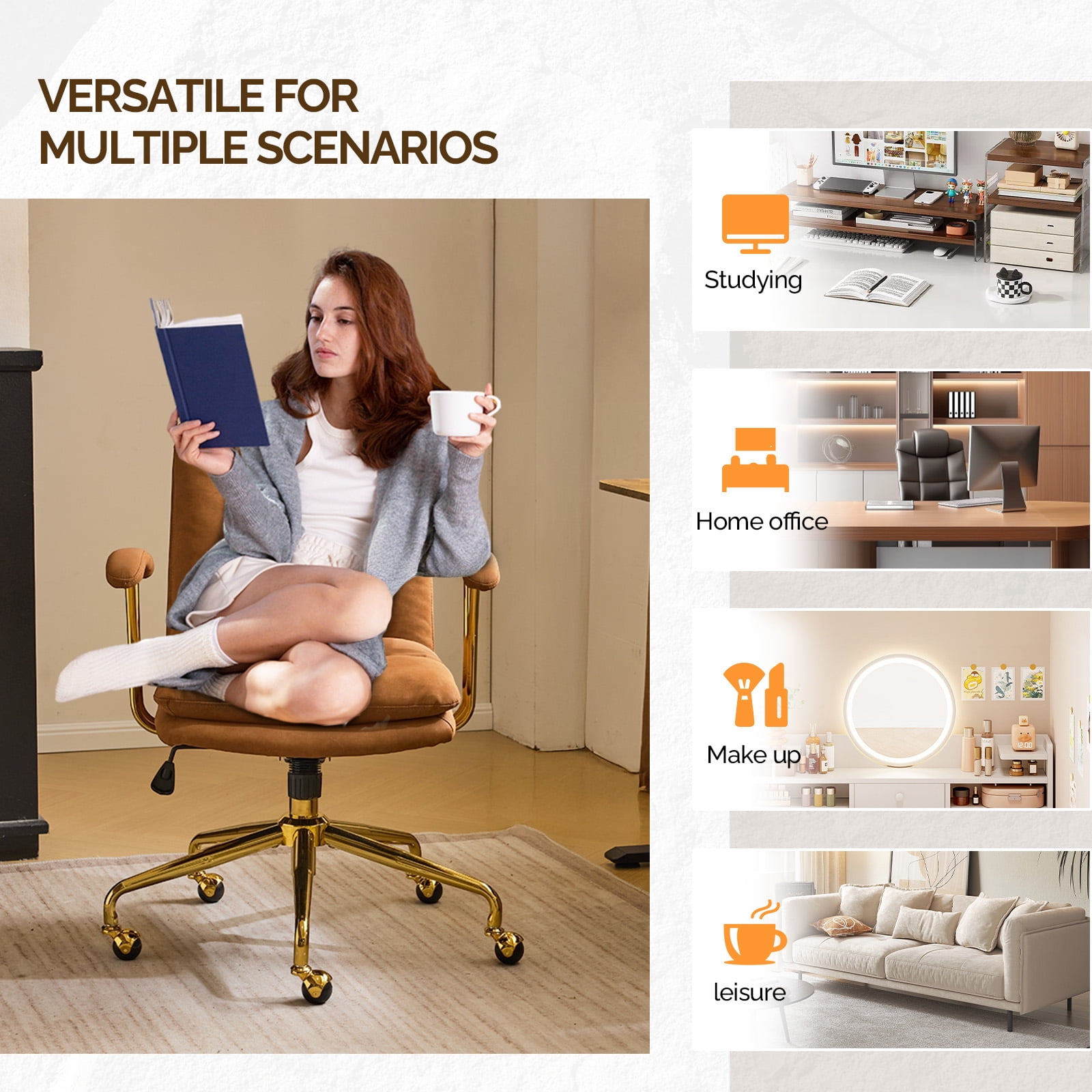 Ktaxon Office Chair High Back Study Chair Faux Leather Adjustable Swivel Vanity Chair with Padded Armrests for Conference and Home Brown