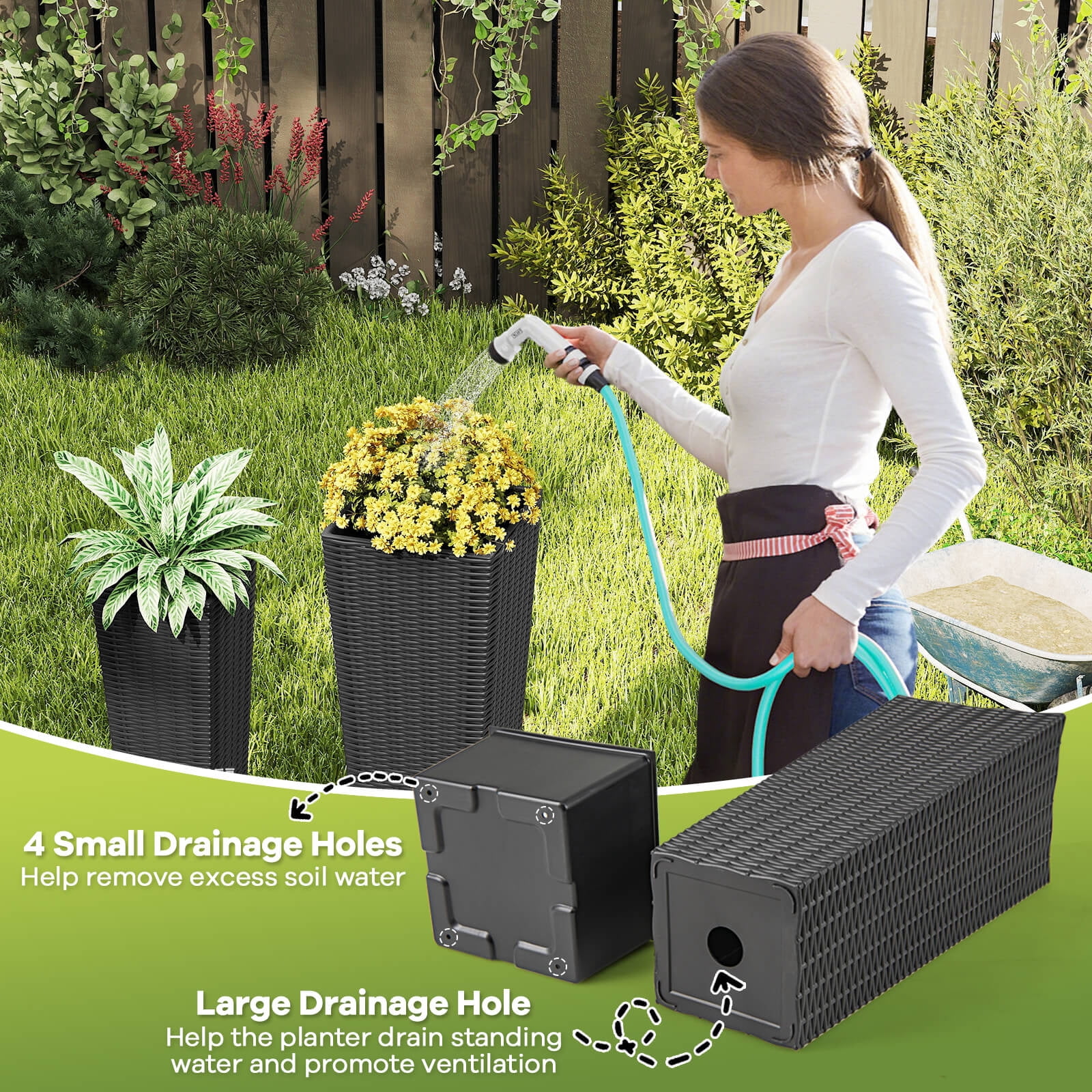 Costway Rattan Tall Planter Set of 2 with Removable Inner Trays, Drainage Holes for Garden Black