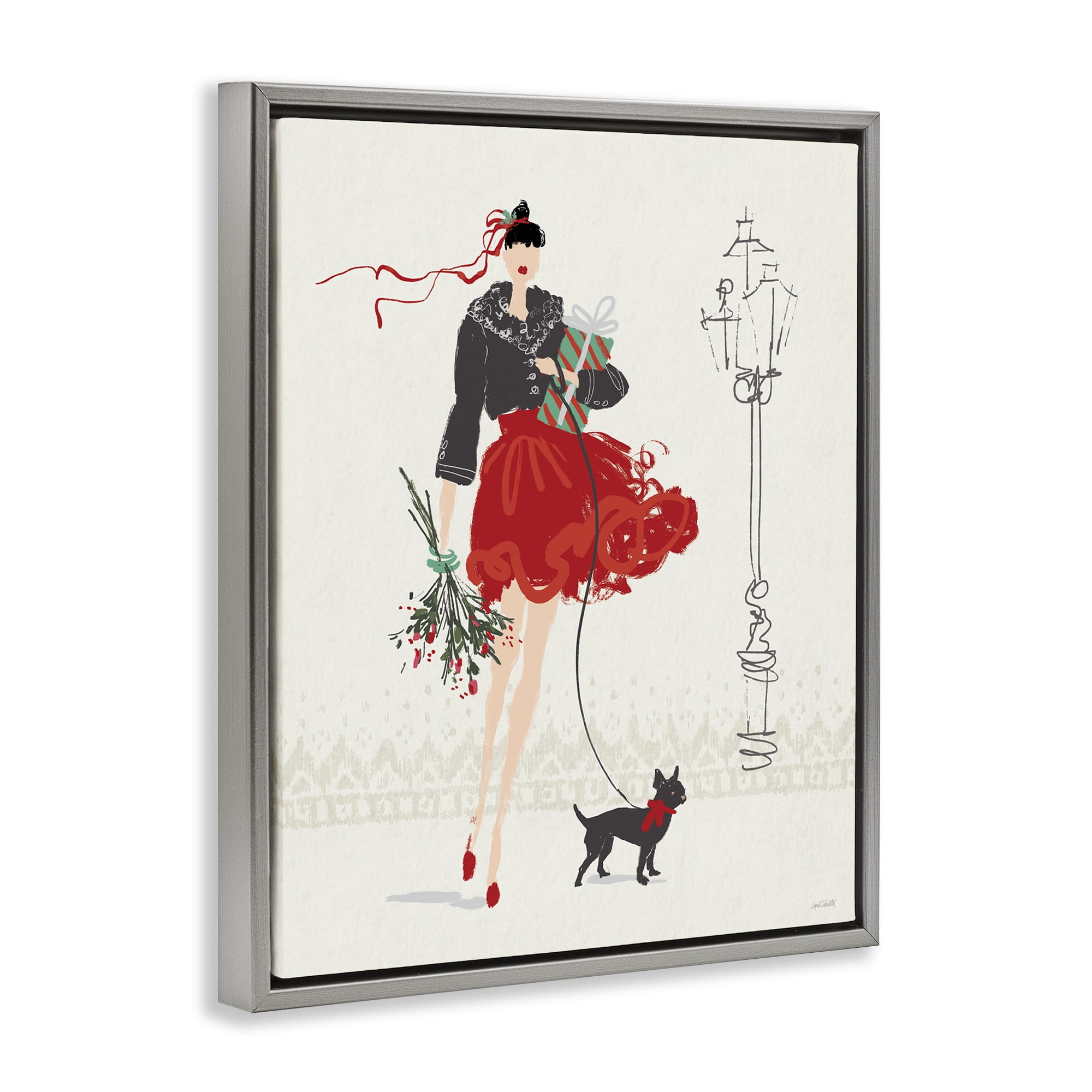 Stupell Industries Holiday Fashionista Girl Holiday Painting Gray Floater Framed Canvas Art Prints Wall Art, 17 x 21
