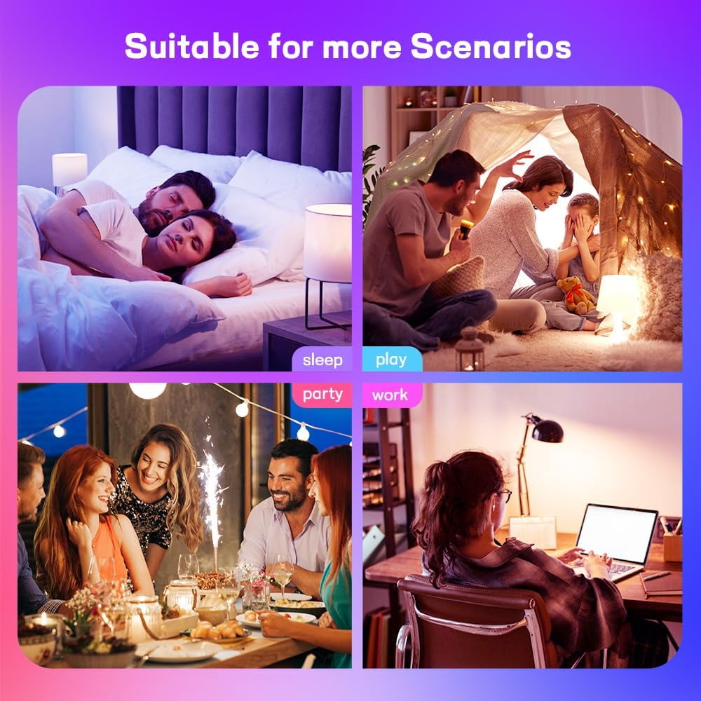 Smart Led Light Bulbs Wi-Fi Magic Home Light Bulbs for Alexa & Google Assistant E26 A19 Music Sync Color Changing Light Bulb APP Remote Control on/off Wireless Bluetooth 800LM 60W 4Pack