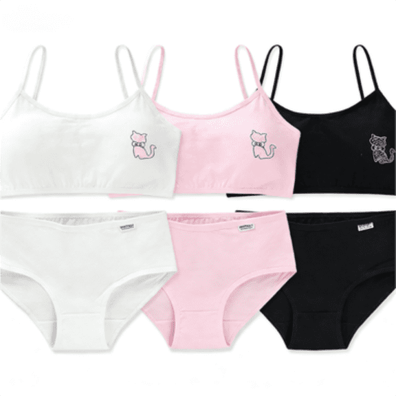 LYMAYTER Girls Breathable Cotton Underwear Set Classic Solid Training Cami Bra Comfort Brief