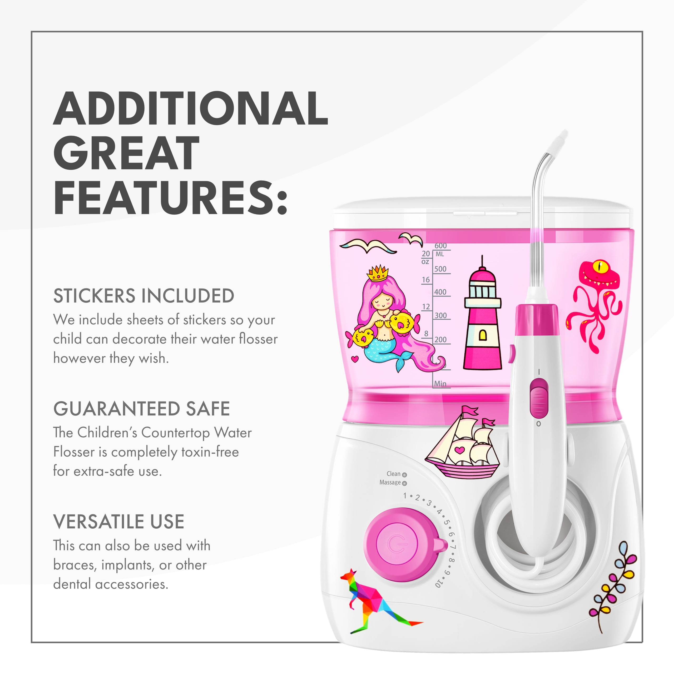 ToiletTree Products Water Flosser for Kids BPA-Free Portable Water Flosser with 600ml Capacity, Pink