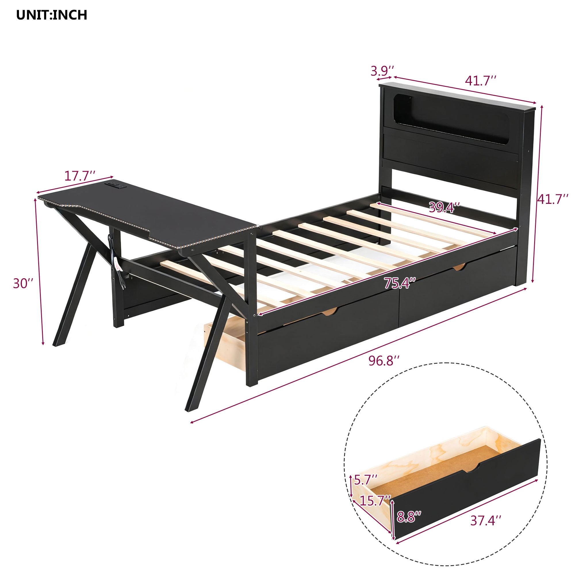 Mintazer Gaming Bed with Desk & Charging Station, Twin Platform Bed with 2 Storage Drawers & LED Lighting Dorm Bedroom, Black