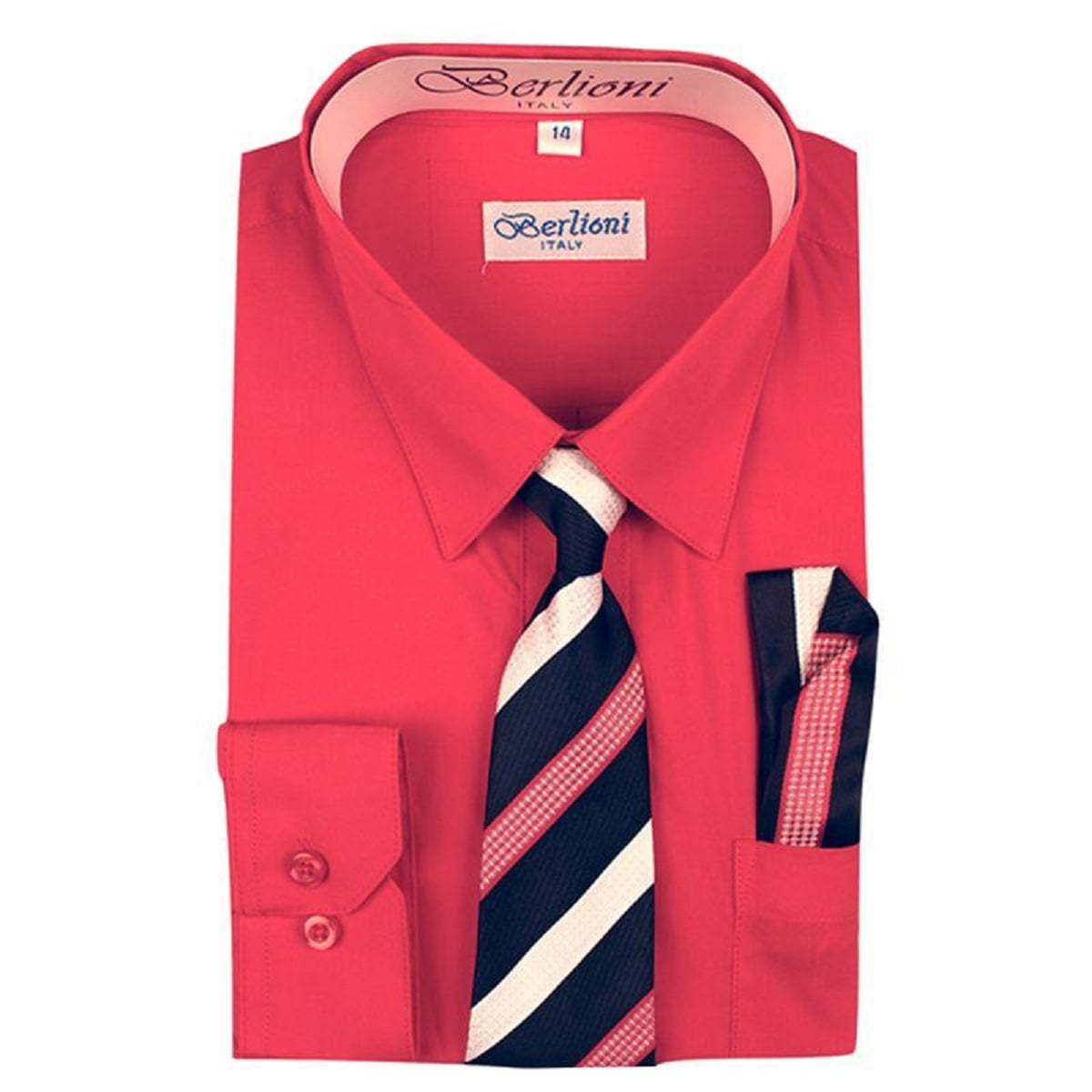 Berlioni Italy Kids Boys Dress Shirt with Tie /& Hanky Long Sleeves Lime
