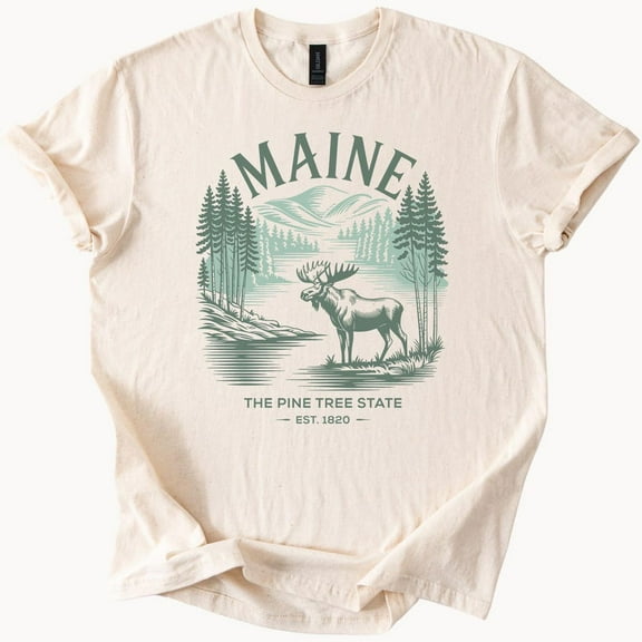 Kiraa Tee with Maine Moose Graphic T Shirt Pine Tree State Nature Mountains Forest Scenic Landscape Outdoor Hiking Wildlife Tee Gift Est 1820 Birthday Gifts; For Men & Women