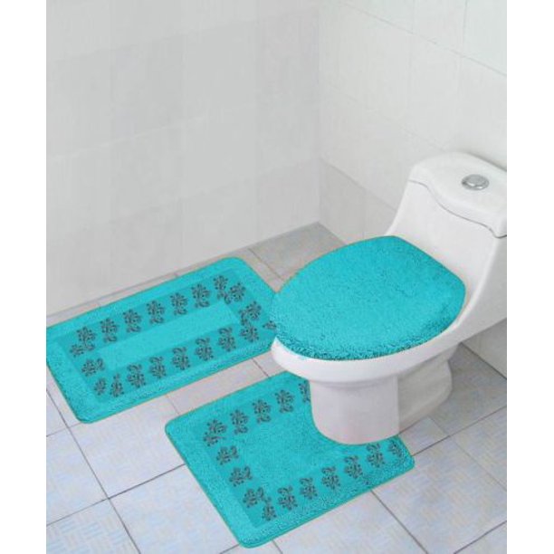 3PC 5 AQUA BANDED BATHROOM SET BATH MAT COUNTOUR RUG LID COVER PLAIN