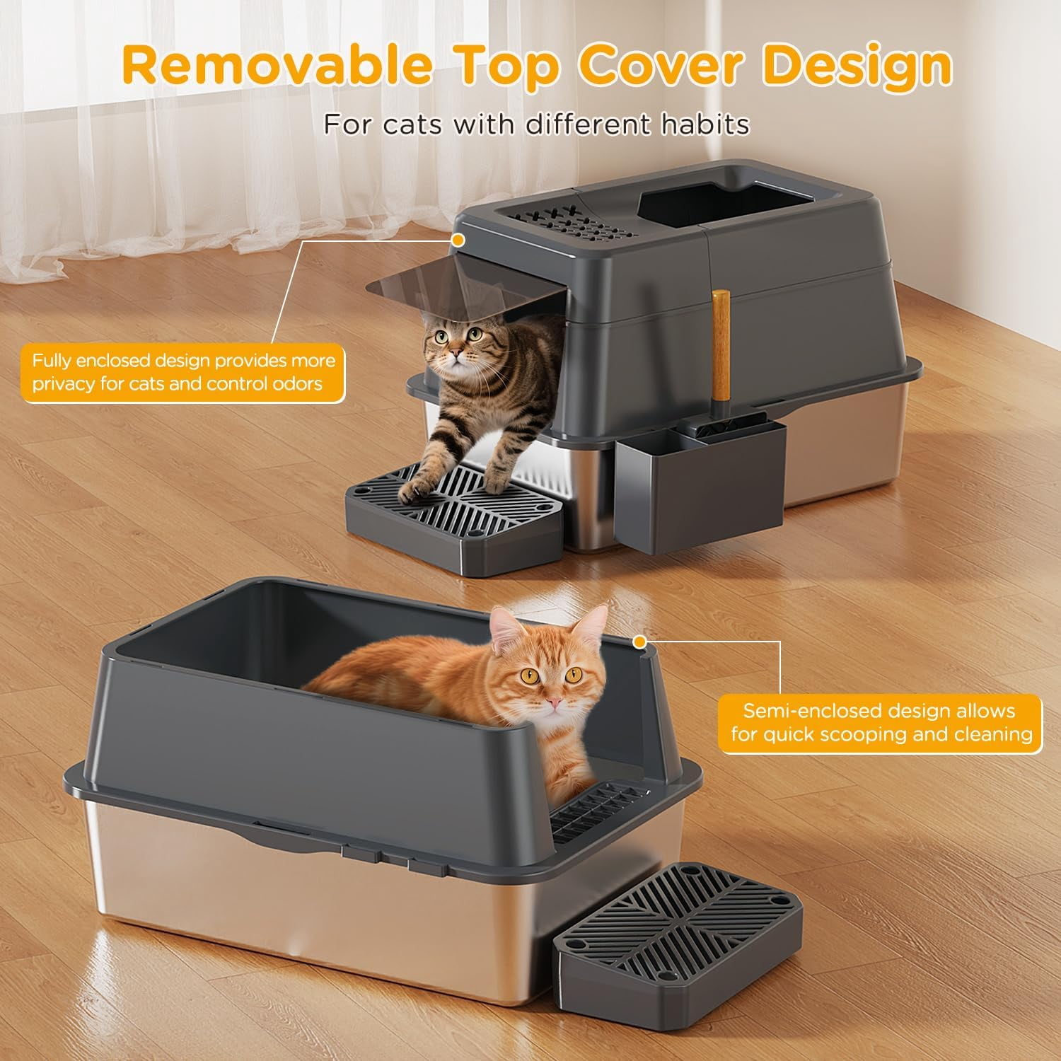 Stainless Steel Litter Box with Lid, XL Closed Metal Litter Box Modular Design with Flip Lid Fits All Cats, Extra Large Covered High Sided Cat Box, Scoop, Non-Sticky, Easy Cleaning (Dark Grey)