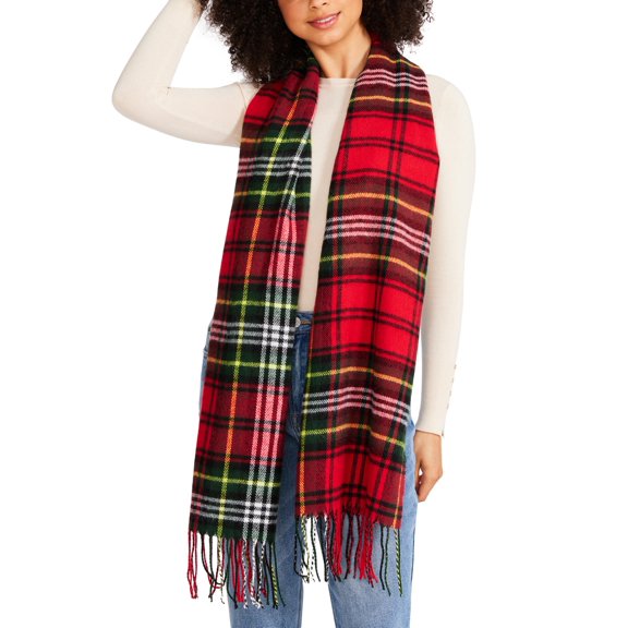 Steve Madden Women's Tartan Plaid Scarf with Fringe Detail, Red, One Size