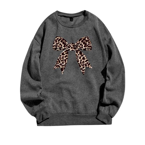 Bibifish Womens Sweatshirts Leopard Bow Graphic Crewneck Sweatshirts Bold Pattern Soft Streetwear Daily Outings Trendy Chic Pullover Top