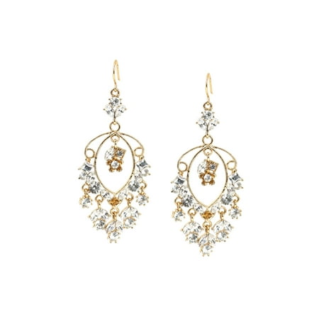 Gold Crystal Eye Shaped Stones and Crystal Stones in Circle and Diamond Shape Dangle Wire Earrings